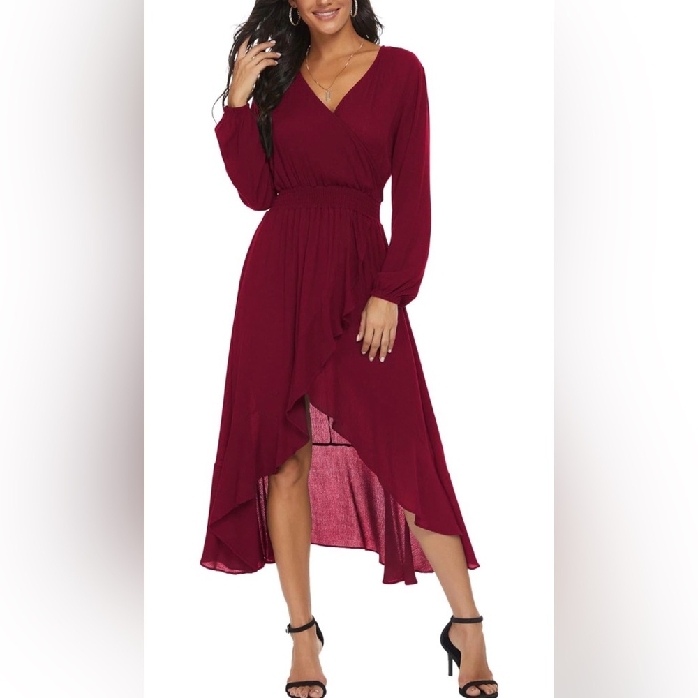 Women’s Burgundy High-Low Long Sleeve Dress